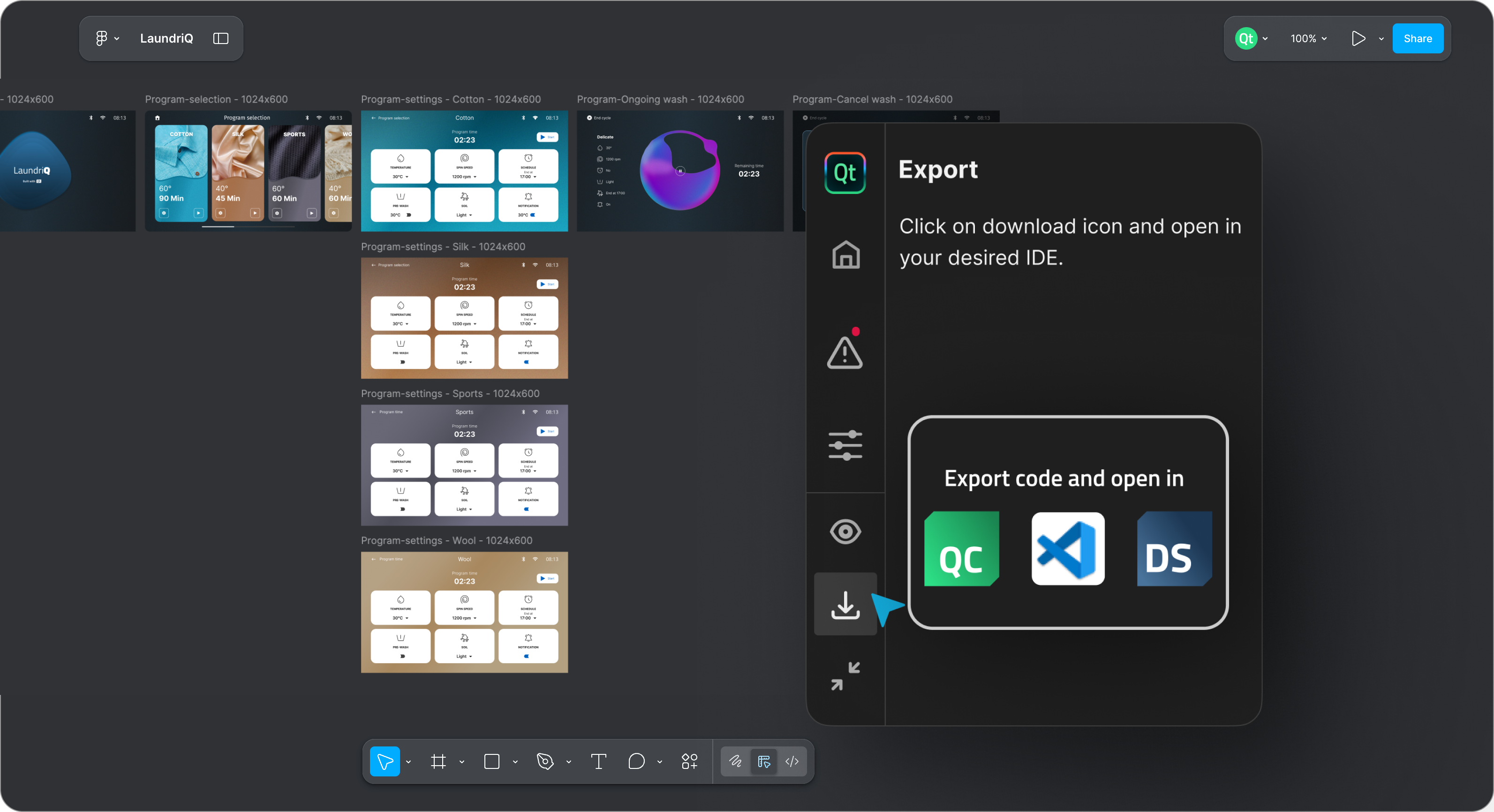 The export window in Figma to Qt, allowing you to export a working and functional UI design for Qt Creator, Visual Studio Code, or Qt Design Studio.